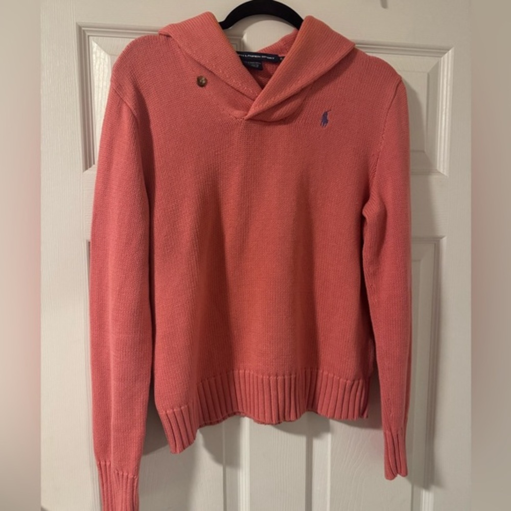 Ralph Lauren Sport Women's XL Sweater Logo Ribbed Buttons Solid Pink Rose Warm
